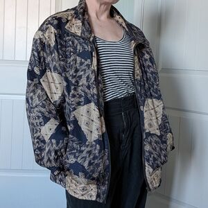 Vintage EVR Silk Zip Up Jacket Geometric Patterned Medium Blue/Off White